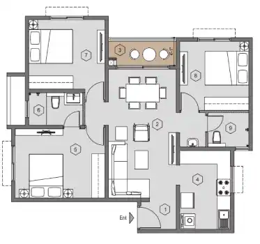 Purva Windermere Apartment 3 BHK Apartment Floor Plan by Puravankara Group located at Pallikaranai, Medavakkam, Velachery, Chennai Tamil Nadu