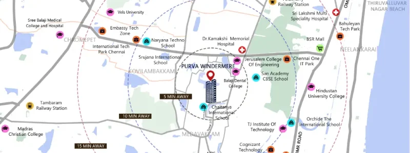 Purva Windermere Apartment location map with birds eye view photo by Puravankara Group located at Pallikaranai, Medavakkam, Velachery, Chennai Tamil Nadu
